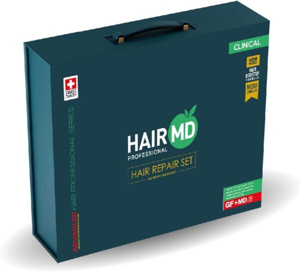 HairMD Repair Set 3 Month – 5 product bundle for hair growth HairMD Clinical Hair Complex Serum 6ml – intensive follicle treatment HairMD Repair Shampoo 100ml – scalp cleansing and strengthening HairMD Spray Serum 60ml – hydration and regrowth support HairMD Plus Food Supplements – 60 tablets for stronger hair Dermaroller for hair growth – improves absorption and circulation HairMD Complete 3 Month Kit – anti hair loss and restoration program