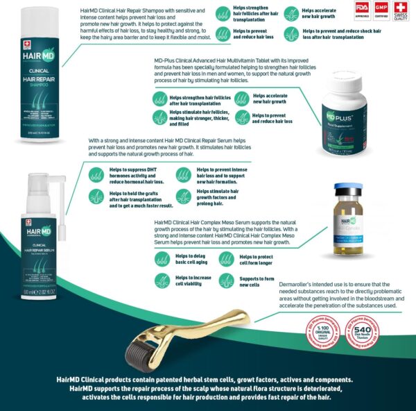 HairMD Repair Set 3 Month – 5 product bundle for hair growth HairMD Clinical Hair Complex Serum 6ml – intensive follicle treatment HairMD Repair Shampoo 100ml – scalp cleansing and strengthening HairMD Spray Serum 60ml – hydration and regrowth support HairMD Plus Food Supplements – 60 tablets for stronger hair Dermaroller for hair growth – improves absorption and circulation HairMD Complete 3 Month Kit – anti hair loss and restoration program