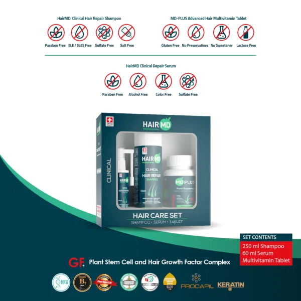 HairMD Repair Set 1 Month – shampoo 250ml, spray, supplements HairMD Repair Set 3 Months – complete anti hair loss kit HairMD Repair Set 6 Months – long-term hair regrowth program HairMD Repair Shampoo 250ml for scalp repair and hair growth HairMD Spray Serum 60ml – daily scalp revitalizer HairMD Advanced Plus Supplements – 60 tablets for hair health HairMD Hair Repair Kit – clinical solution for thinning hair