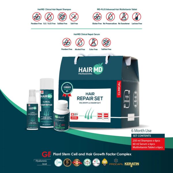 HairMD Repair Set 1 Month – shampoo 250ml, spray, supplements HairMD Repair Set 3 Months – complete anti hair loss kit HairMD Repair Set 6 Months – long-term hair regrowth program HairMD Repair Shampoo 250ml for scalp repair and hair growth HairMD Spray Serum 60ml – daily scalp revitalizer HairMD Advanced Plus Supplements – 60 tablets for hair health HairMD Hair Repair Kit – clinical solution for thinning hair